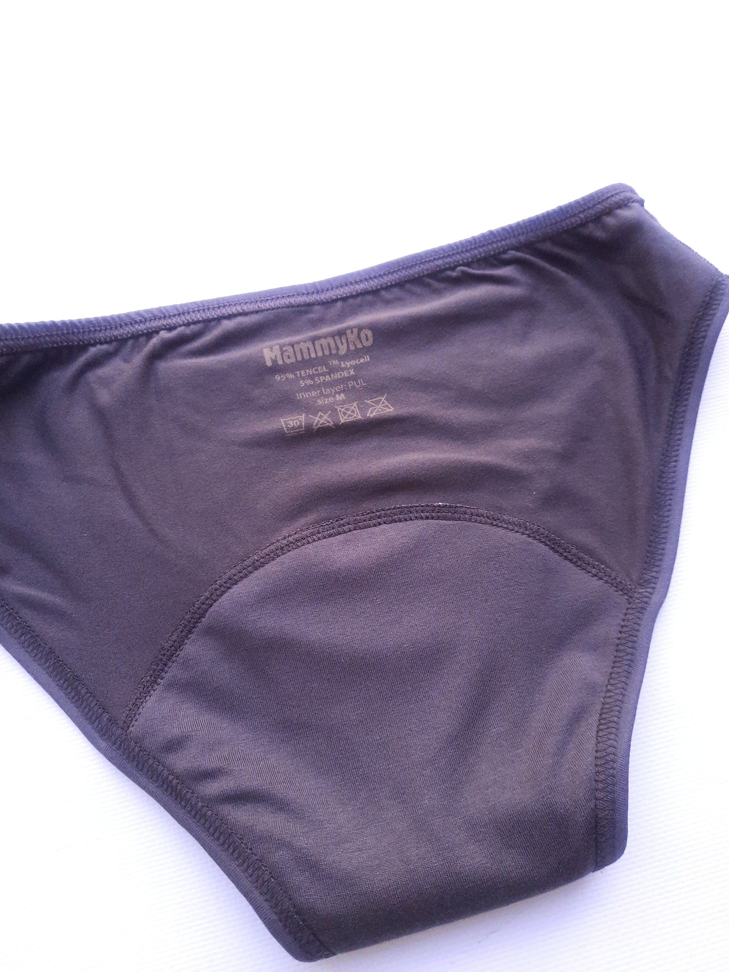 Period panties of Lyocell (Tencel TM). Menstrual undies for Women & Teens. Underwear for Incontinence. Leak-proof panty. Low cut. Brown