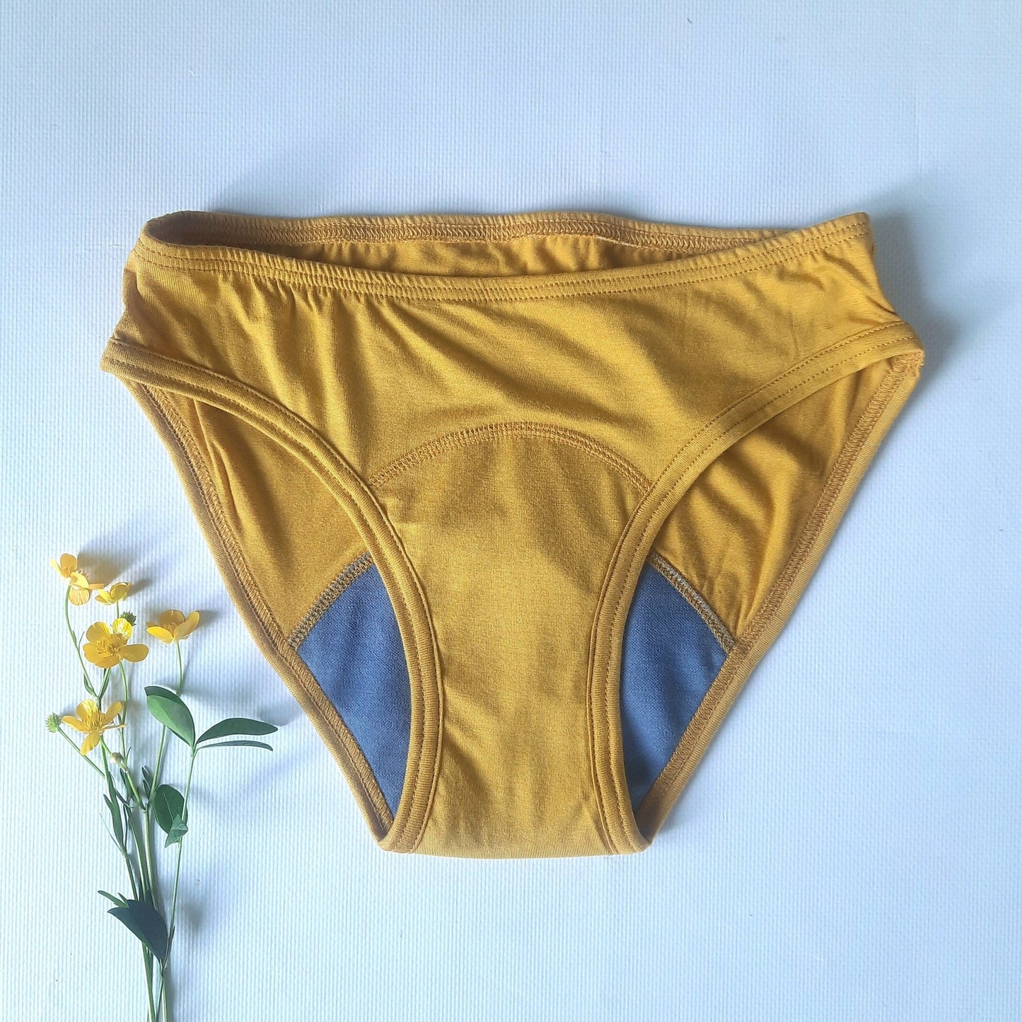 Period panties of Lyocell (Tencel TM) with merino wool gusset. Menstrual undies for Women & Teens. Underwear for Incontinence. Yellow