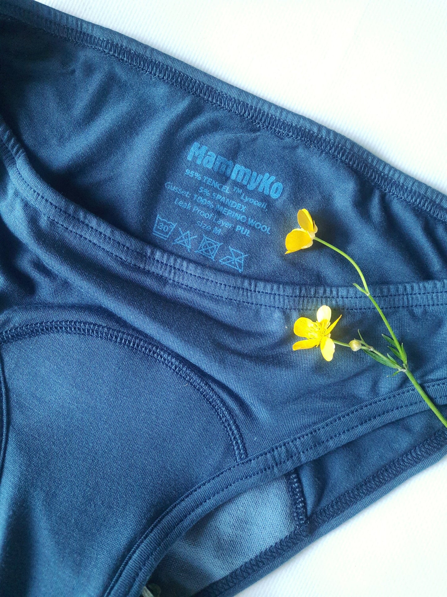 Period panties of Lyocell (Tencel TM) with merino wool gusset. Menstrual undies for Women & Teens. Underwear for Incontinence. Blue