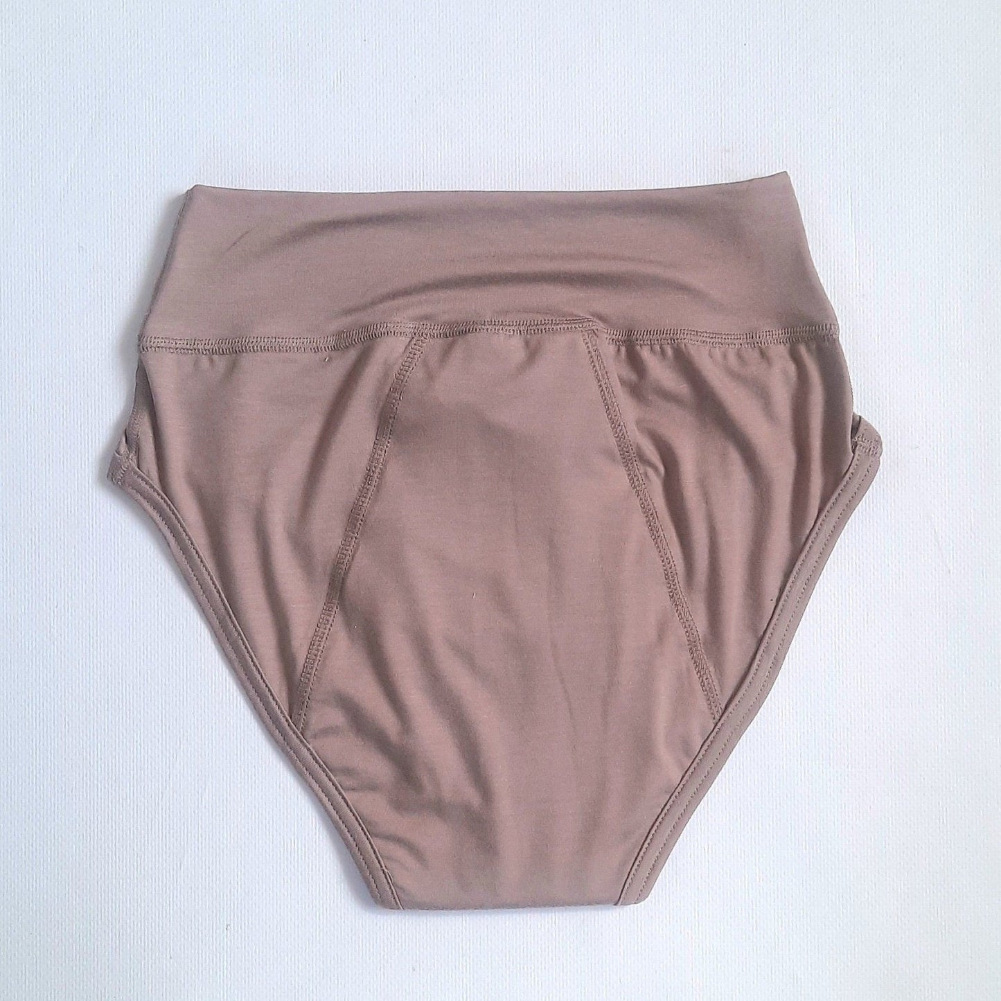 Period panties of Lyocell (Tencel TM) with extended gusset. Menstrual undies for Women & Teens. Underwear for Incontinence. High cut. Mocha