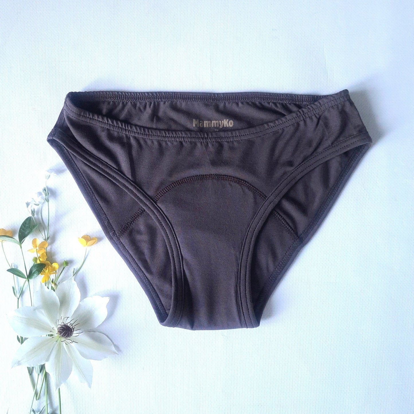 Period panties of Lyocell (Tencel TM). Menstrual undies for Women & Teens. Underwear for Incontinence. Leak-proof panty. Low cut. Brown