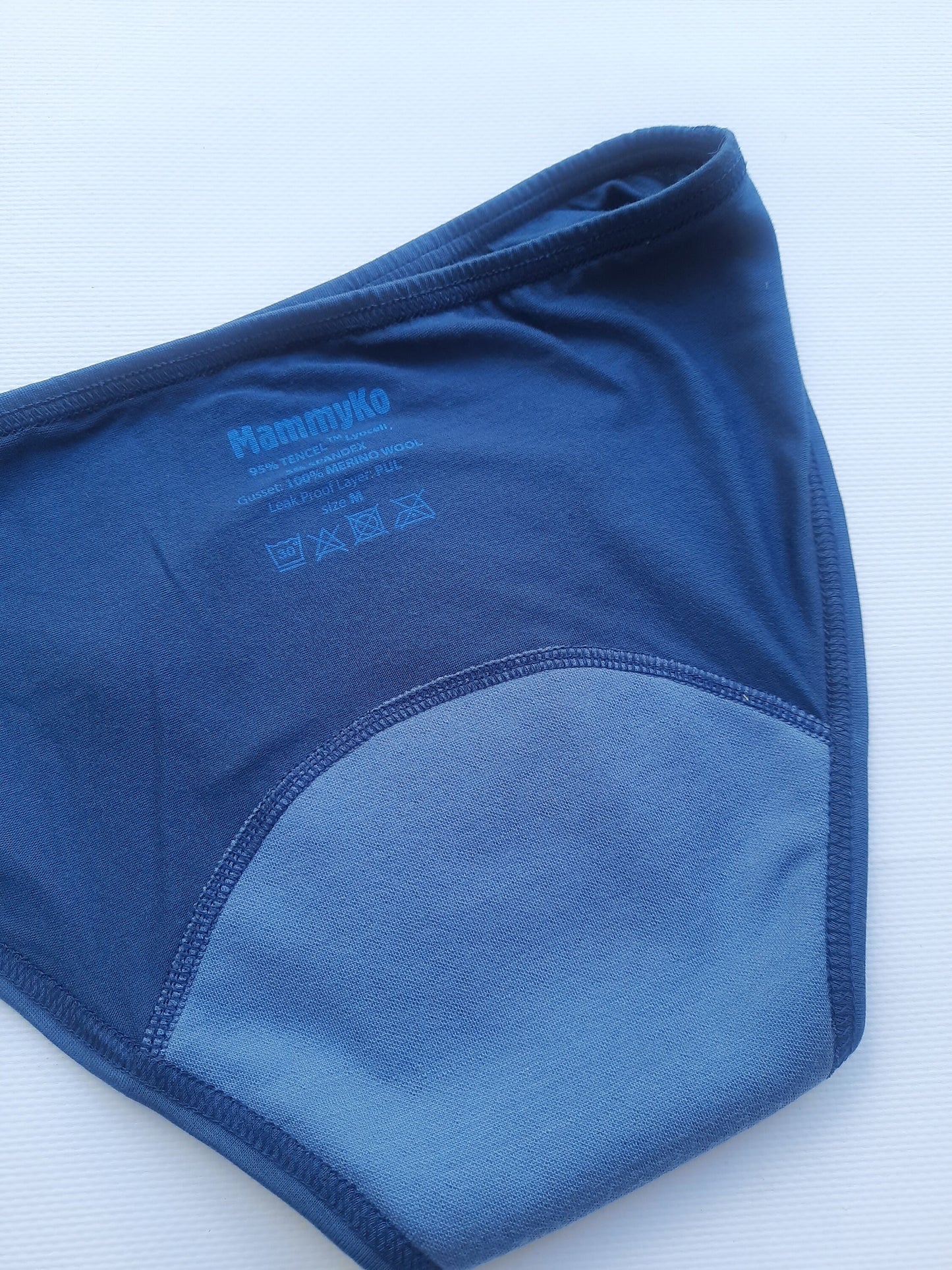 Period panties of Lyocell (Tencel TM) with merino wool gusset. Menstrual undies for Women & Teens. Underwear for Incontinence. Blue