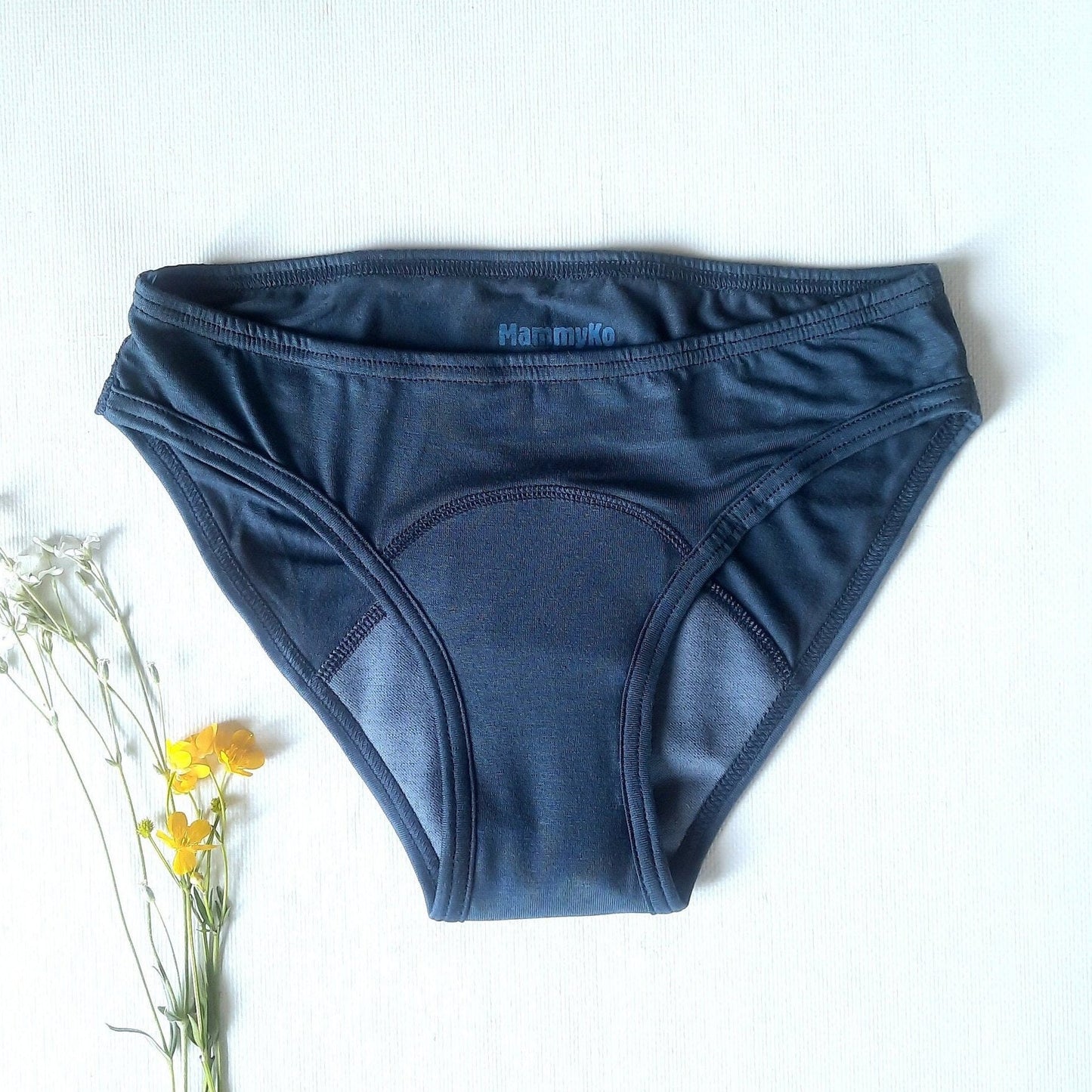 Period panties of Lyocell (Tencel TM) with merino wool gusset. Menstrual undies for Women & Teens. Underwear for Incontinence. Blue