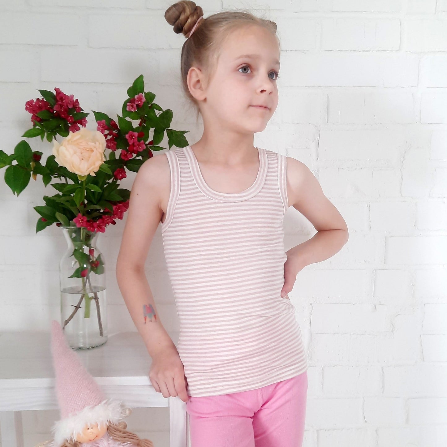 Little girls Merino Wool with Silk Thermal sleeveless T-shirt. Pink striped tank top.