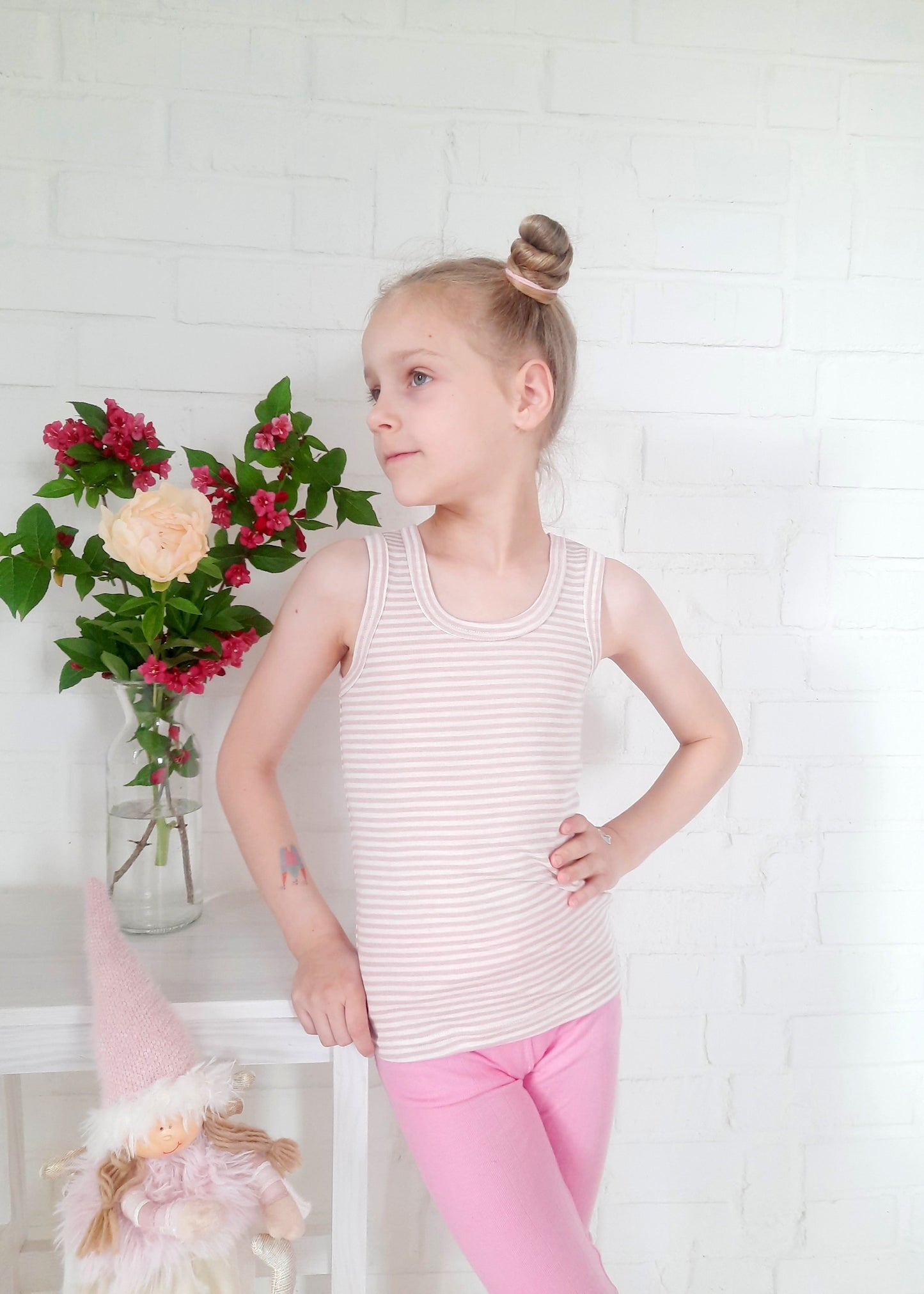 Little girls Merino Wool with Silk Thermal sleeveless T-shirt. Pink striped tank top.