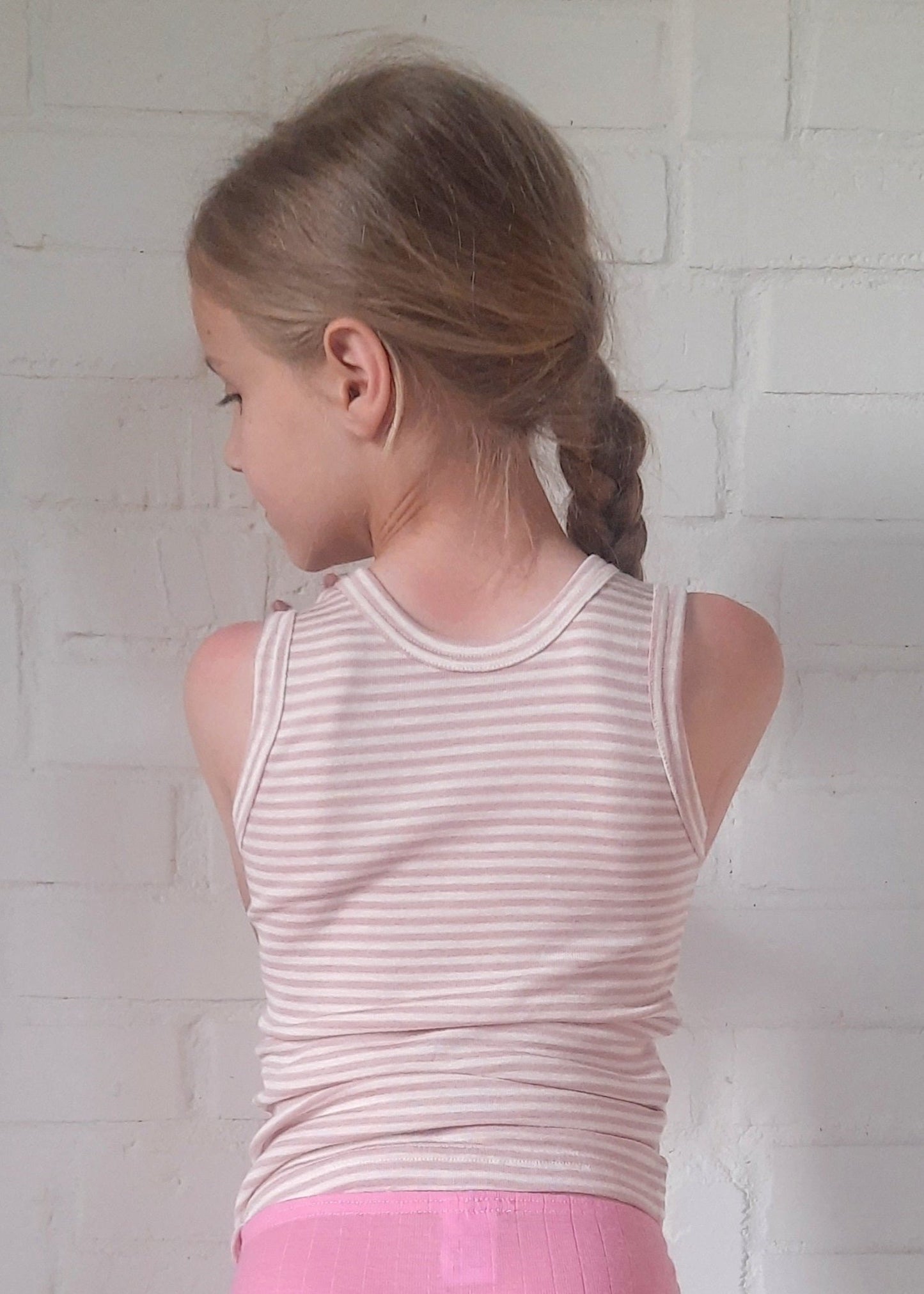 Little girls Merino Wool with Silk Thermal sleeveless T-shirt. Pink striped tank top.