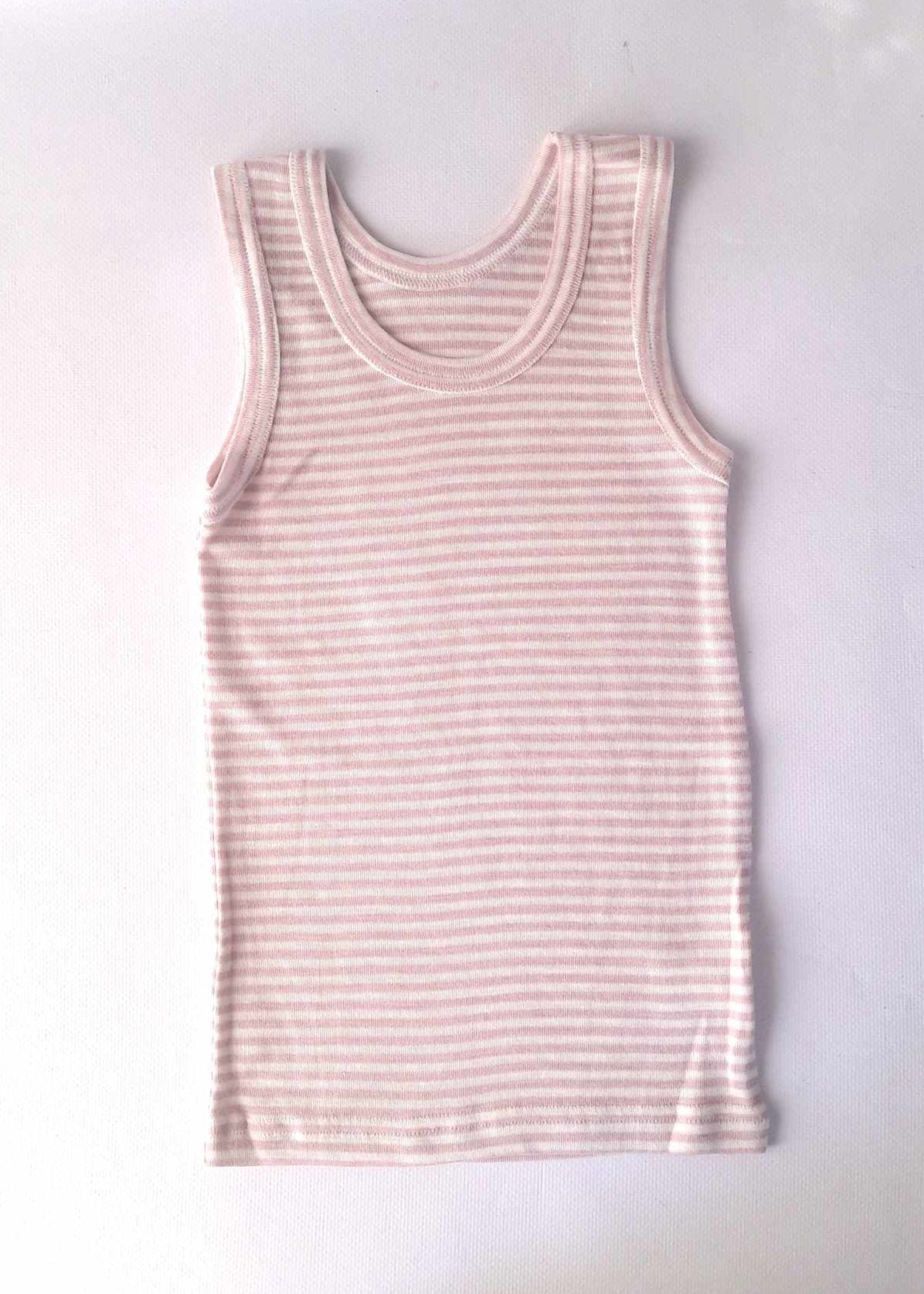 Little girls Merino Wool with Silk Thermal sleeveless T-shirt. Pink striped tank top.