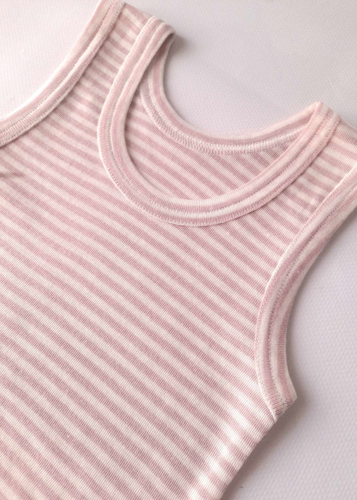 Little girls Merino Wool with Silk Thermal sleeveless T-shirt. Pink striped tank top.