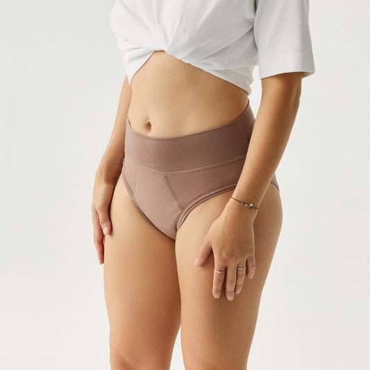 Leak-proof Period Panties of Lyocell (Tencel TM) with extended gusset. Suitable for Incontinence. High cut. Mocha