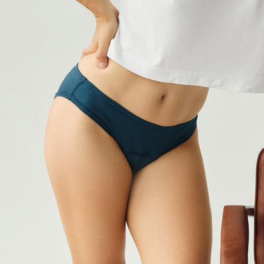 Leak-proof Period Panties of Lyocell (Tencel TM) with Merino Wool Gusset. Suitable for Incontinence. Low cut. Blue